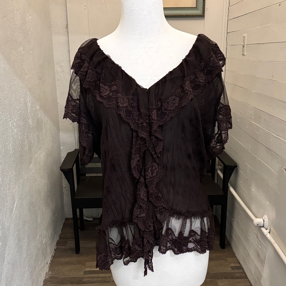 Vintage Y2K Whimsy Cottagecore‎ Dark Brown Flowy Top Size 14W
